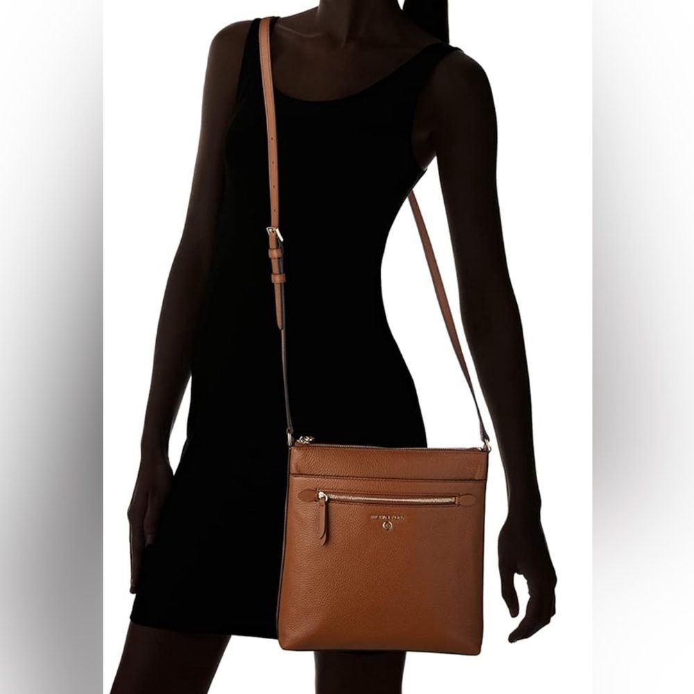 MICHAEL KORS JS Pebbled Leather Flat Crossbody Luggage Brown Bag AUTHENTIC - Picture 8 of 16